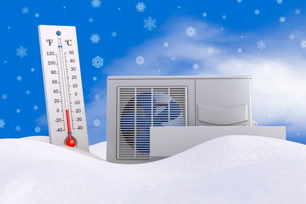 Air conditioning and thermometer in the snow. 3d rendering.