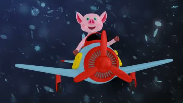 Свиня Літаку Написом 2019 Року Тлі Сніжинок — стокове відео