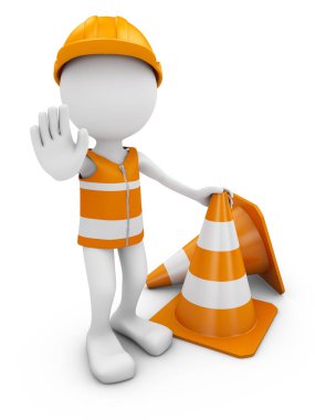 Yol işçisi kask ve trafik koniler ile. 3D render.