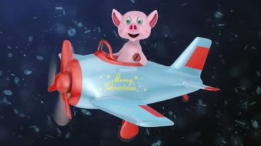 Kar taneleri, arka planı Merry Christmas yazıt ile bir düzlemde domuz.