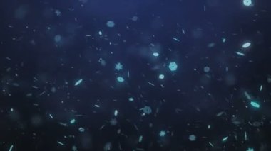 Karanlık bir arka plan üzerinde uçan kar taneleri. 3D render.