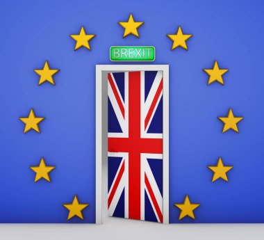 Avrupa Birliği ve bir kapı bayrağı ile Büyük Britanya bayrağı şeklinde duvar. 3D render.