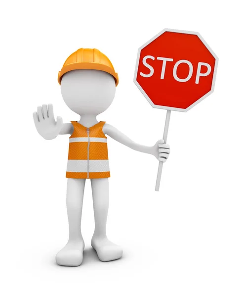 Trabajador Carretera Con Casco Señal Tráfico Stop Renderizado — Foto de Stock
