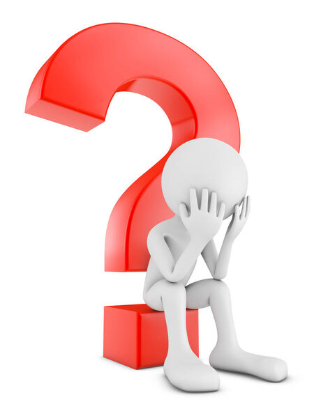 The person sits next to the question mark. 3d rendering.