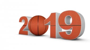 basketbol topu ve hacimsel yazıt 2019. 3D render.