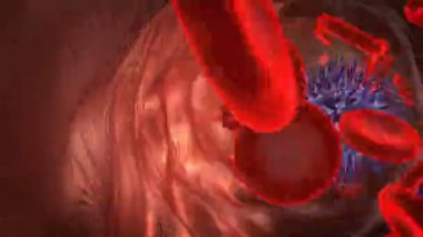 Bir close-up kan hücreleri ve virüs arter hareketi. 3D render.