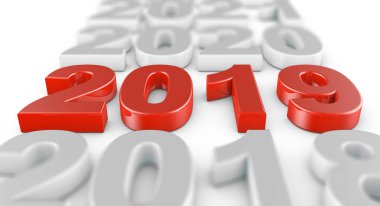 Kırmızı hacimli rakamlar 2019 beyaz zemin üzerinde. 3D render.