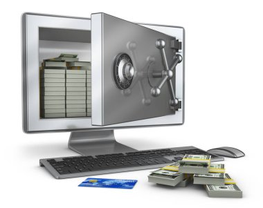 Ekranın dolar faturaları demetleri ile açık bir güvenli olduğu bir kişisel bilgisayar. 3D render.