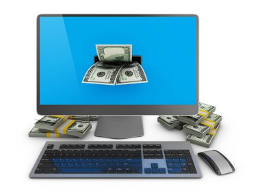 Bilgisayar ve paketleri beyaz bir arka plan üzerinde dolar. 3D render