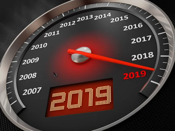 Hız göstergesi 2019 gösterir ve ekran üzerinde yazıt. 3D render
