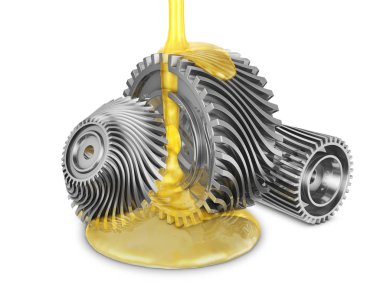 Dönen dişlilere mineral yağı dökülüyor. 3d hazırlayıcı.