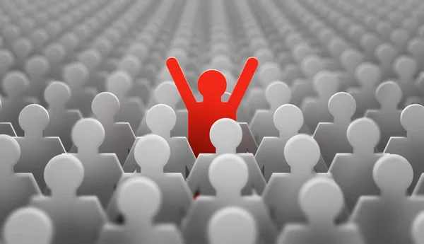 白い人の群衆の中に彼の手を上げて赤い男の形で指導者のシンボル 3Dレンダリング — ストック写真