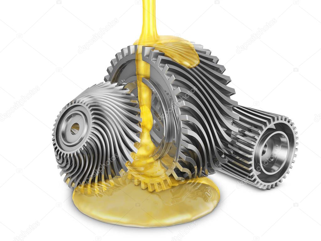 Mineral oil is poured on the rotating gears. 3d render.