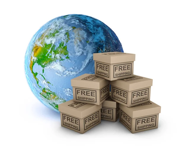 Planet Earth Boxes Inscription Free Shipping White Background Render — Stock Photo, Image