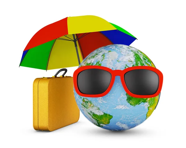スーツケースの横にある傘の下に眼鏡をかける 3Dレンダリング — ストック写真