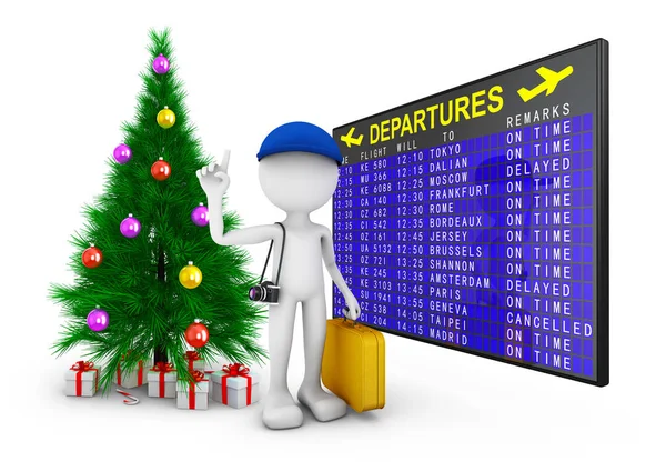 スーツケースとカメラを持った男だ出発ボードとクリスマスツリーを背景に 3Dレンダリング — ストック写真