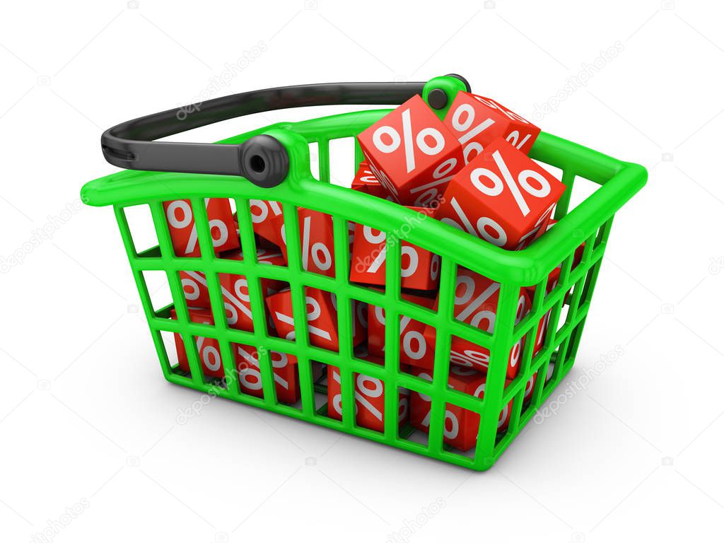 Green shopping basket in which there are red cubes with percentages. 3d render