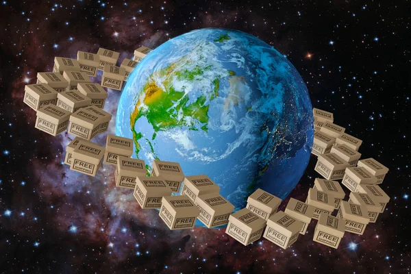 Planet Earth Which Revolve Box Says Free Shipping Rendering Elements — Stock Photo, Image