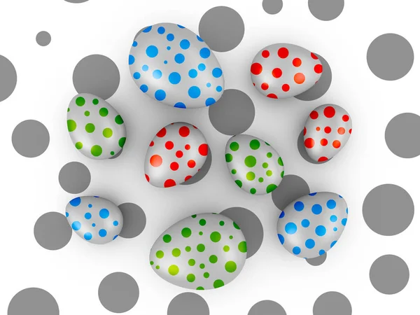 Eggs with colored dots on a background of black circles. 3d render