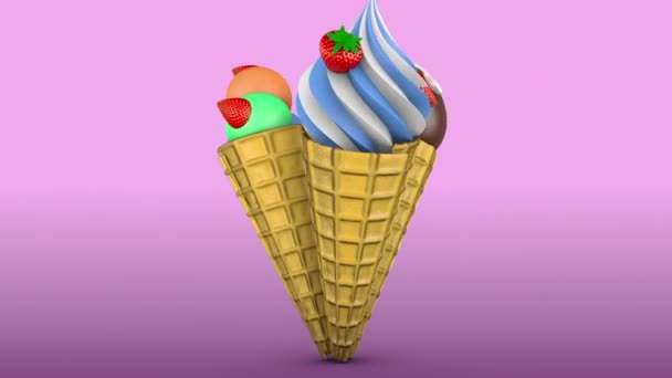 不同类型的冰淇淋与草莓在华夫饼锥 循环视频 — 图库视频影像