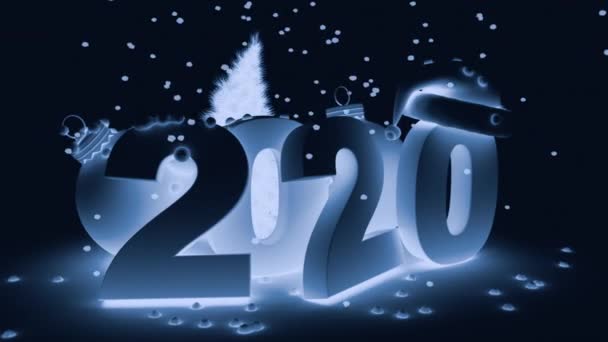 Nummers 2020 Bal Kerstboom Waarop Sneeuw Valt Blauwe Tinten Rendering — Stockvideo
