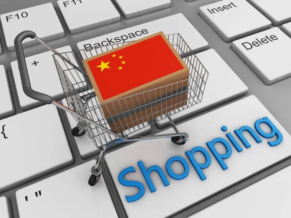 Caixa bandeira chinesa no teclado de compras — Fotografia de Stock