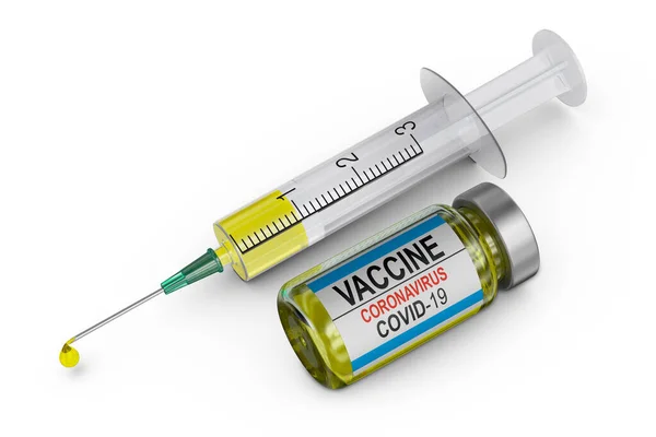 コロナウイルスワクチンボトルと注射器 3Dレンダリング — ストック写真