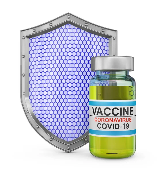 コロノウイルスワクチンボトルとシールド 3Dレンダリング — ストック写真
