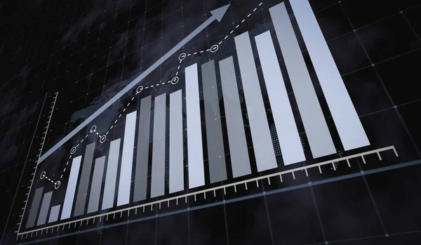 Gráfico Barras Azul Crescente Seguindo Seta Fundo Mapa Mundo Pontilhado — Fotografia de Stock