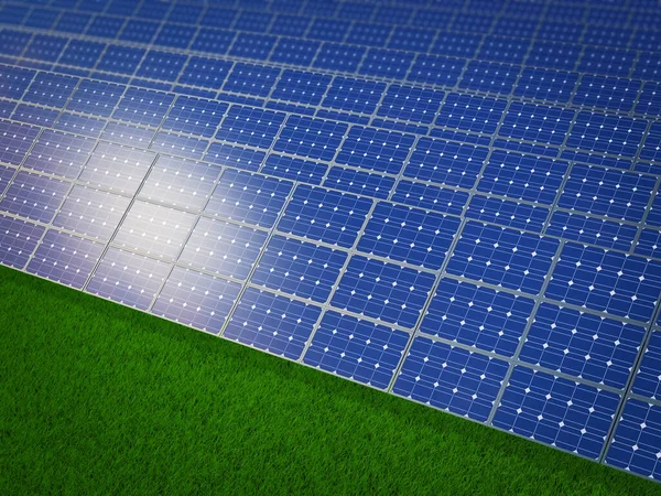 緑の芝生の上のソーラーパネル 3Dレンダリング — ストック写真