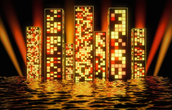 Felhőkarcolók Neonsárga Fénye Tükröződik Vízben Renderelés — Stock Fotó