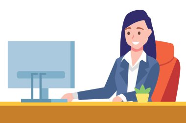 İş kadını sit resepsiyon ve bilgisayar, ofis ortamı, lider patron üzerinde çalışıyor