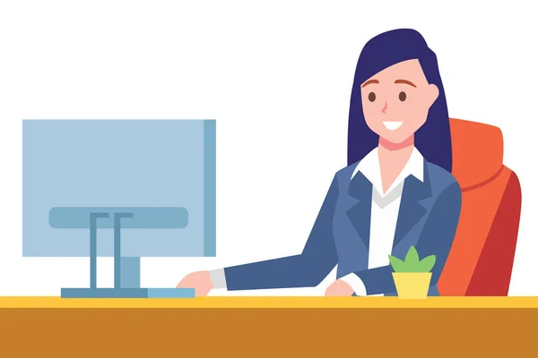 İş kadını sit resepsiyon ve bilgisayar, ofis ortamı, lider patron üzerinde çalışıyor