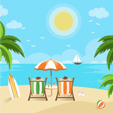 Zevk plaj manzarası, güneşli bir gün, çiftler için tatil hoşgeldiniz