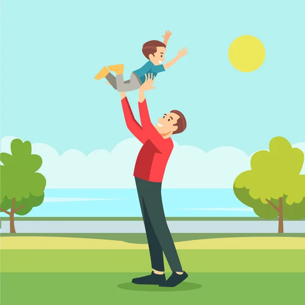 Mutlu baba oğluyla oynamaya içinde dışarıda bahçede