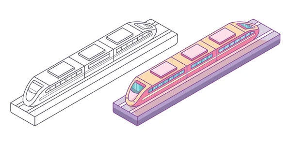 轨道上的小火车玩具 轮廓和蓝色粉红色的颜色 — 图库矢量图片
