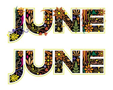 Kelime Haziran, yıl, 6 ay içinde siyah renk çiçek ve yaprakları ile dekore edilmiş
