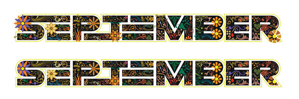 The word September, 9th month of the year, in black color decorated with flowers and leaves