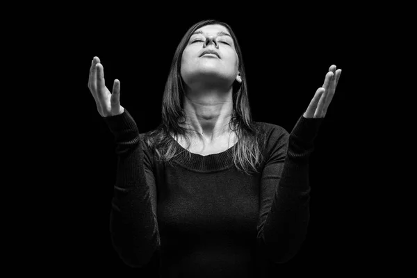 Mourning Woman Praying Arms Outstretched Worship God Head Eyes Closed — Stock Photo, Image