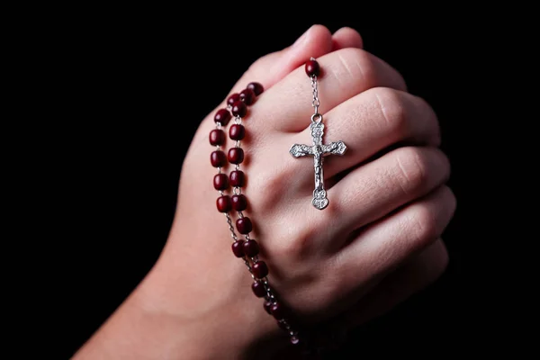 Female Hands Praying Holding Rosary Jesus Christ Cross Crucifix Black — Stock Photo, Image