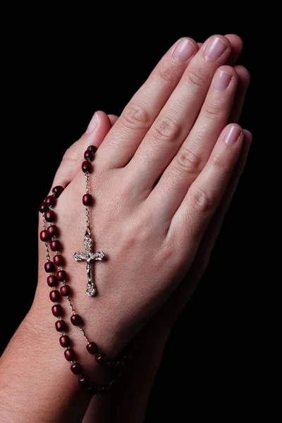 Mains Féminines Priant Tenant Chapelet Avec Jésus Christ Croix Crucifix — Photo