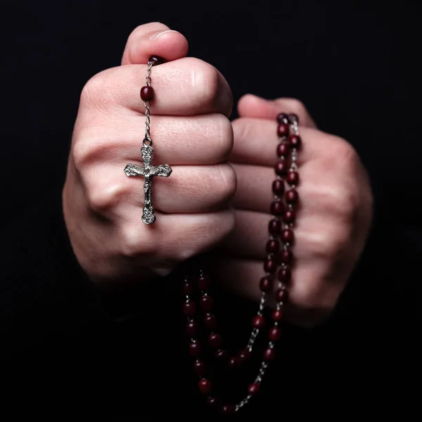 Mains Féminines Priant Tenant Chapelet Avec Jésus Christ Croix Crucifix — Photo