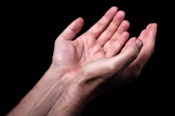 Male Hands Praying Palms Arms Outstretched Black Background Close Man — Stock Photo, Image