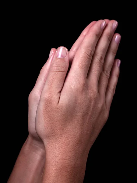 Vrouwelijke Handen Bidden Samen Met Palmen Zwarte Achtergrond Close Van — Stockfoto