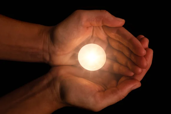 Hands Holding Protecting Lit Burning Candle Candlelight Darkness Black Background — Stock Photo, Image
