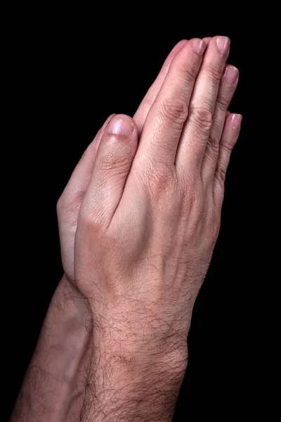 Männliche Hände Beten Mit Palmen Zusammen Schwarzer Hintergrund Nahaufnahme Von — Stockfoto