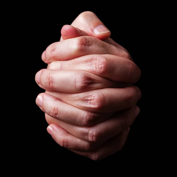 Lågmäld Närbild Händerna Trogen Mogen Man Händerna Vikta Sammanflätade Fingrar — Stockfoto