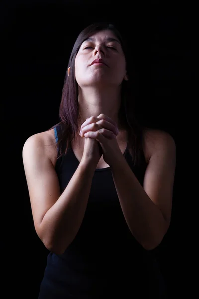 Gläubige Frau Die Betet Die Hände Gottesanbetung Gefaltet Mit Erhobenem — Stockfoto