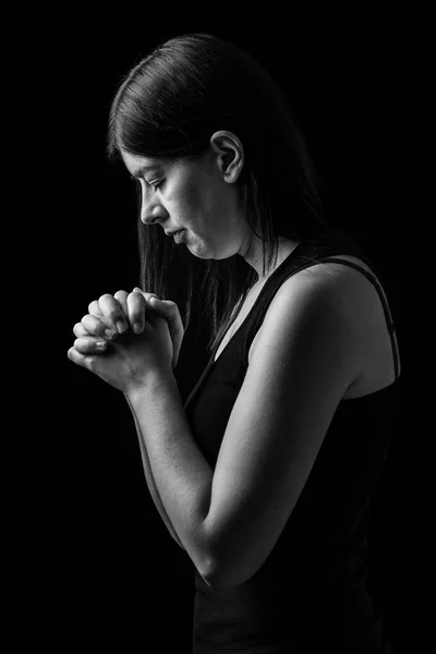 Faithful Woman Praying Hands Folded Worship God Head Eyes Closed — Stock Photo, Image