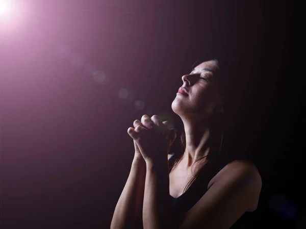 Faithful Woman Praying Divine Celestial Light Feeling Presence Being Touched — Stock Photo, Image